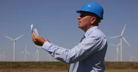 Engineer Examine Technical Drawing Plans Wind Turbine Power Plant Green Energy 스톡 동영상 59329565