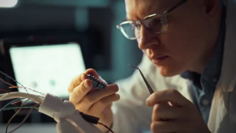 Engineer examines a circuit board with precision tools in a lab setting duri Stock Footage 331296770