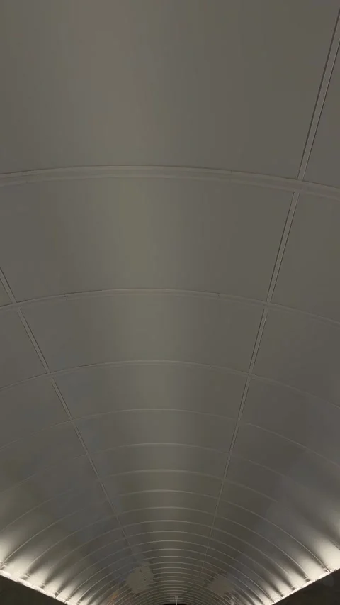 Engineer examines overhead piping beneath curved luminous metallic ceiling Stock Footage 335433476