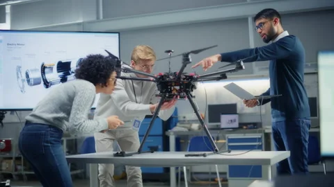 Engineer Examining Drone With Colleagues Stock Footage 189858532