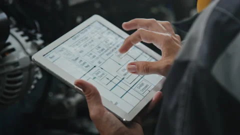 Engineer Examining Technical Scheme on Tablet Computer Stock Footage 222763921