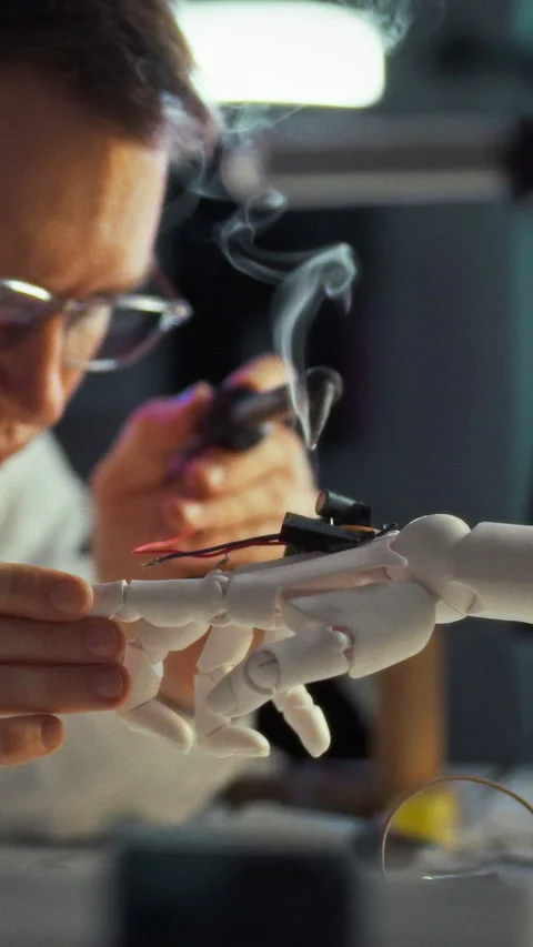An engineer expertly assembles cutting-edge robotic hand prototype well-equi Video stock 331532912