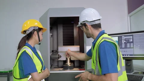 The engineer is explaining the operation of the machine to the foreman. Stock Footage 140468740