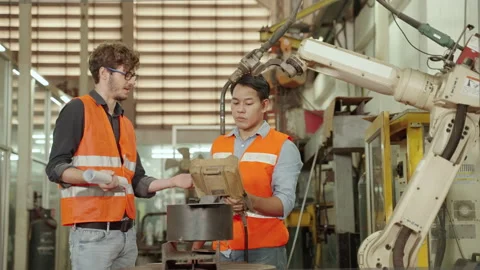Engineer is explaining the operation of the machines to the factory workers. Stock Footage 147030545