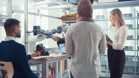 Engineer Explaining To People Look At Robot Limb Stock Footage 187569048