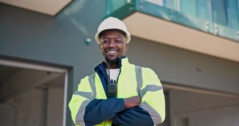 Engineer, face and happy man with arms crossed, outdoor and confident with Stock Footage 345300215