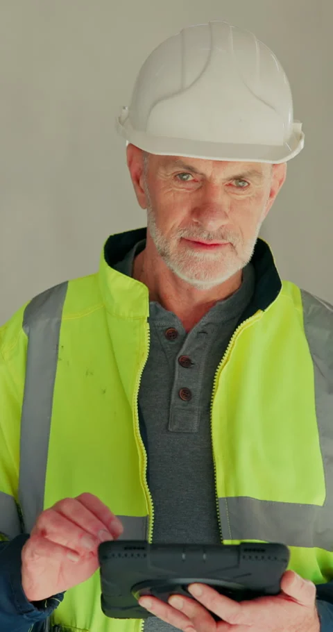 Engineer, face and happy man with tablet in building, scroll and renovation with Stock Footage 345305280