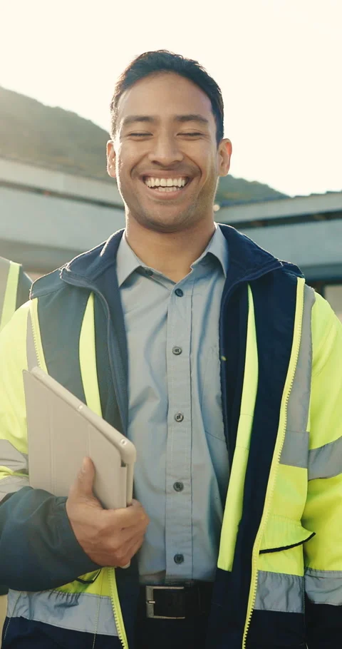 Engineer, face and happy man with tablet, outdoor and laugh with career growth Stock Footage 345552813