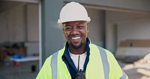 Engineer, face and man with helmet, outdoor and confident with career growth and Stock Footage 345301368