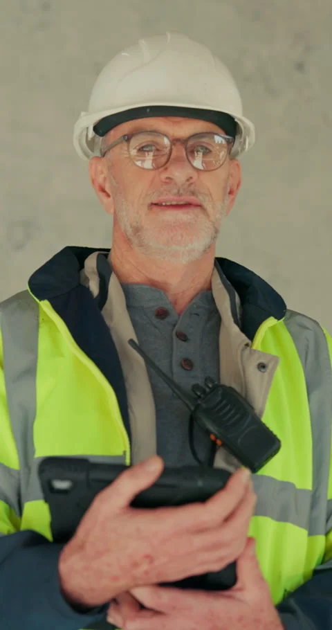 Engineer, face and man with tablet on construction site, smile or renovation Stock Footage 345304873