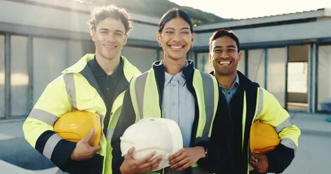 Engineer, face and smile with team, outdoor and confident with renovation Stock Footage 345717804
