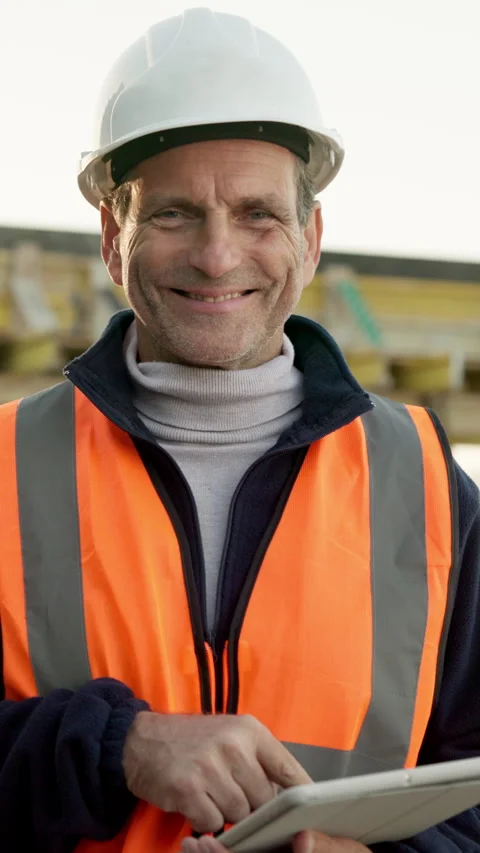 Engineer, face and tablet with man at building for property, architect and real Stock Footage 340899074