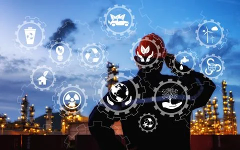 The engineer is facing with large industry background. Stock Photos