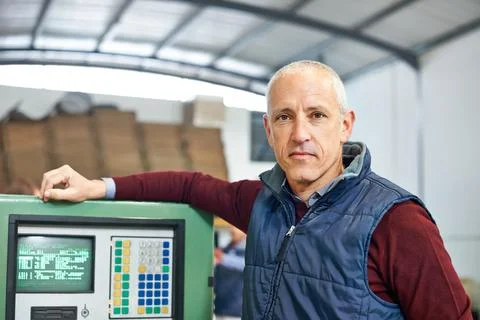 Engineer, factory and machine with warehouse, control panel and manufacturing Stock Photos