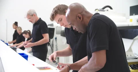 Engineer In Factory With Apprentice Checks Component Quality 库存影片 56214100