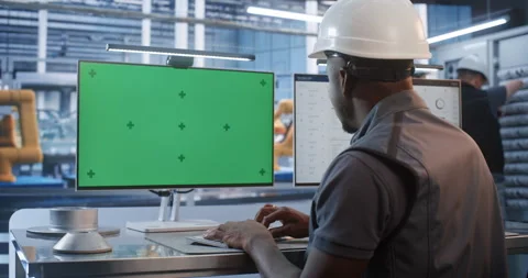 Engineer at Factory Control Desk with Green Screen Monitor Stock Footage 344391107
