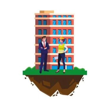 Engineer with female builder and building Stock Illustration