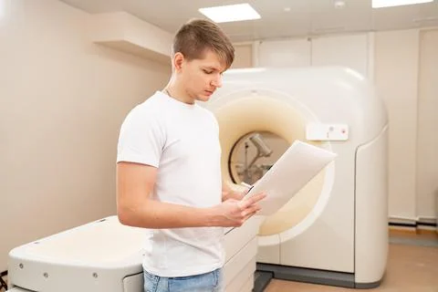 Engineer fills after maintenance documents. computer tomograph. Stock Photos