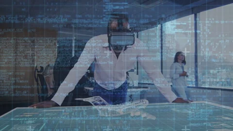 Engineer fitting VR and starting coding while rotating 3D aircraft blueprint for Stock Footage 314687265