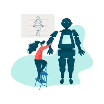 Engineer Fixing Robot Arm, Robotics Hardware and Software Engineering Vector Stock Illustration