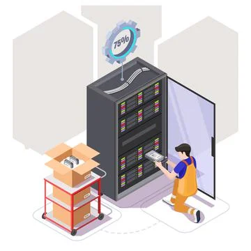 Engineer fixing server network in data center, vector isometric illustration Stock Illustration