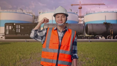 Engineer Flexing His Bicep And Smiling To Camera at Oil Refinery Stock Footage 340140075