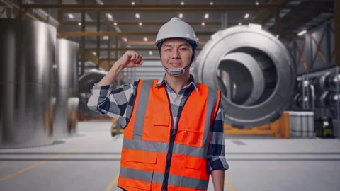 Engineer Flexing His Bicep And Smiling To Camera at Heavy Factory Stock Footage 340816732