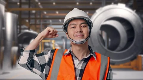 Engineer Flexing His Bicep And Smiling To Camera at Heavy Factory Stock Footage 340819783