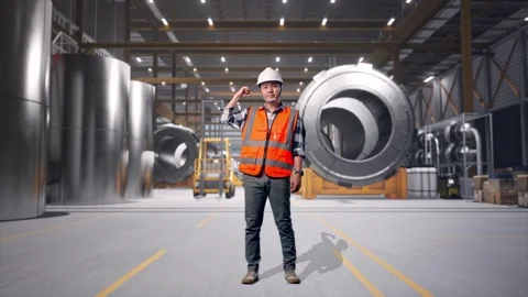 Engineer Flexing His Bicep And Smiling To Camera at Heavy Factory Stock Footage 340821242