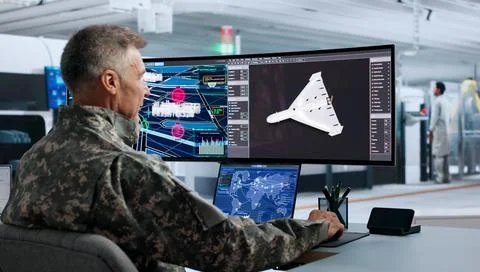 Engineer Focuses Intently While Designing Autonomous Military Drone On Laptop Stock Photos