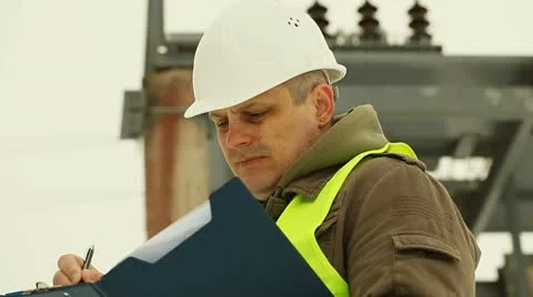 Engineer with folder on a transformer background Stock Footage