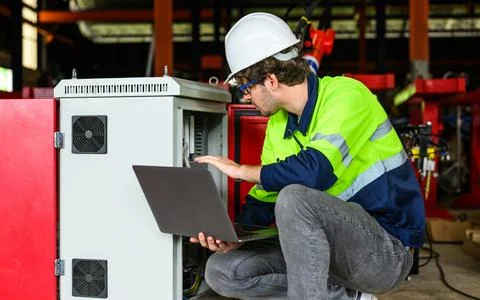 Engineer foreman checking and inspecting machine at industrial factory Foto stock