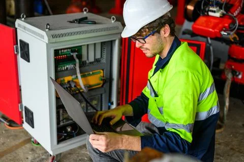 Engineer foreman checking and inspecting machine at industrial factory Foto stock