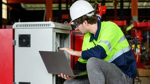 Engineer foreman checking and inspecting machine at industrial factory Foto stock