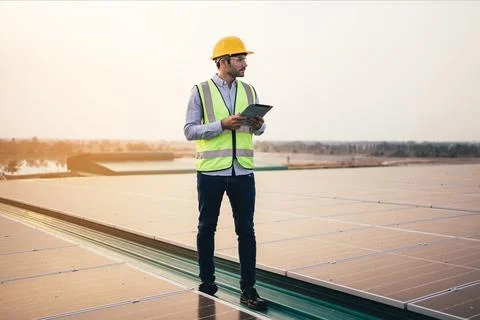 Engineer foreman using tablet checking at industrial solar power plant Foto stock