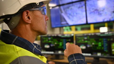 Engineer in Front of Facility Control Room Displays Stock Footage 213598594
