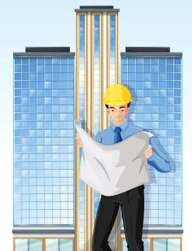 An engineer in front of a tall building Ilustración de archivo