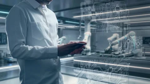 Engineer In Futuristic Electronics Assembly Factory Uses Tablet To Control Stock Footage 324608371