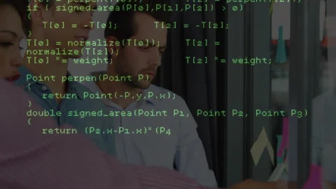 Engineer gesturing at code overlay urging lead placing pink notes on glass wall Stock Footage 311084448