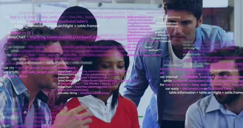 Engineer gesturing at laptop showing scrolling code overlay while colleagues Stock Footage 318544850
