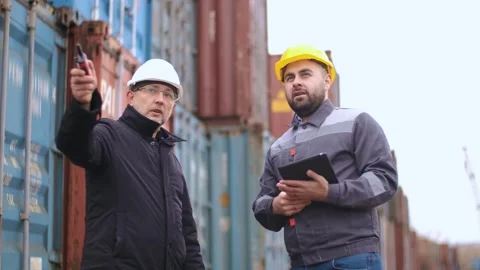 Engineer giving instructions to port worker before loading containers at port Stock Footage 306217418