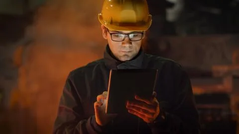 Engineer in Glasses using Tablet PC in Foundry. Industrial Environment. Stock Photos