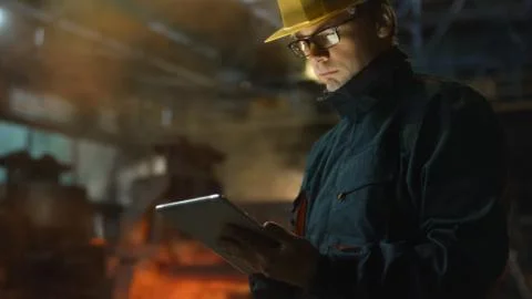 Engineer in Glasses using Tablet PC in Foundry. Industrial Environment. Stock Photos