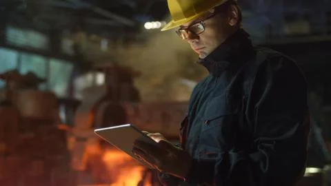 Engineer in Glasses using Tablet PC in Foundry. Industrial Environment. Stock Photos