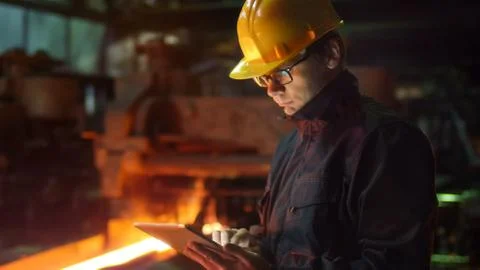 Engineer in Glasses using Tablet PC in Foundry. Industrial Environment. Stock Photos