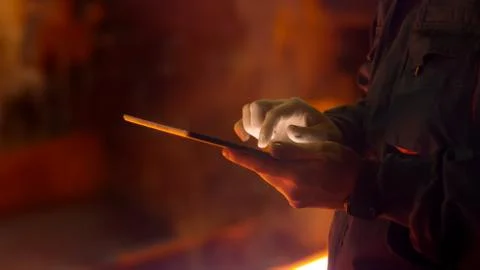 Engineer in Glasses using Tablet PC in Foundry. Industrial Environment. Stock Photos