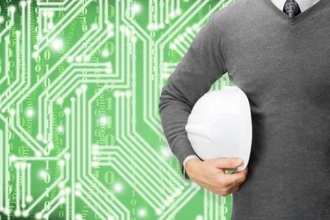 Engineer with green digital circuit on background Stock Photos