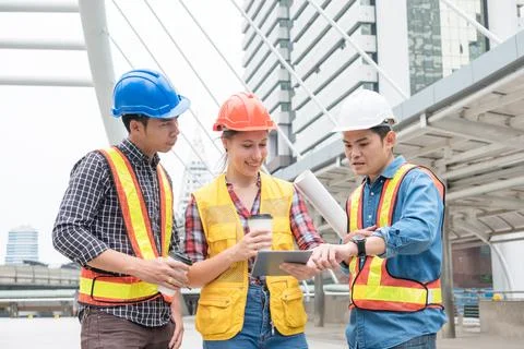 Engineer group are consult about of construction project with holding coffee  Stock Photos