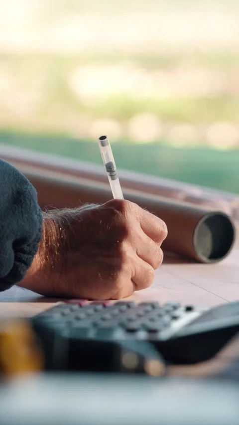 Engineer, hand and writing with calculator for blueprint measurement, building Stock Footage 336186901