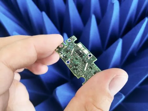 Engineer hand holding PCB in front of EMC absorbers Foto stock